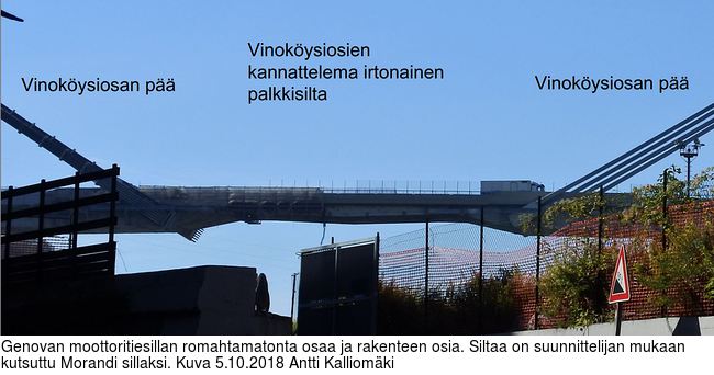 Genovan moottoritiesillan romahtamatonta osaa ja rakenteen osia. Siltaa on suunnittelijan mukaan kutsuttu Morandi sillaksi. Kuva 5.10.2018 Antti Kalliomki