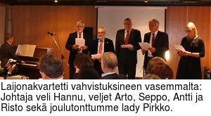 Laijonakvartetti vahvistuksineen vasemmalta: Johtaja veli Hannu, veljet Arto, Seppo, Antti ja Risto sek joulutonttumme lady Pirkko.