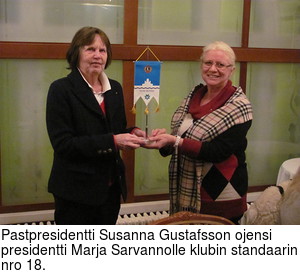 Pastpresidentti Susanna Gustafsson ojensi presidentti Marja Sarvannolle klubin standaarin nro 18.