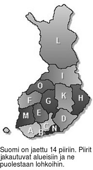 Suomi on jaettu 14 piiriin. Piirit jakautuvat alueisiin ja ne puolestaan lohkoihin.