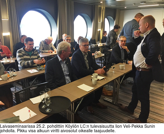 Laivaseminaarissa 25.2. pohdittiin Köyliön LC:n tulevaisuutta lion Veli-Pekka Sunin johdolla. Pikku visa alkuun viritti aivosolut oikealle taajuudelle.