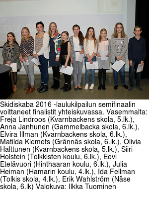 Skidiskaba 2016 -laulukilpailun semifinaalin voittaneet finalistit yhteiskuvassa. Vasemmalta: Freja Lindroos (Kvarnbackens skola, 5.lk.), Anna Janhunen (Gammelbacka skola, 6.lk.), Elvira Illman (Kvarnbackens skola, 6.lk.), Matilda Klemets (Grnns skola, 6.lk.), Olivia Halttunen (Kvarnbackens skola, 5.lk.), Siiri Holstein (Tolkkisten koulu, 6.lk.), Eevi Etelvuori (Hinthaaran koulu, 6.lk.), Julia Heiman (Hamarin koulu, 4.lk.), Ida Fellman (Tolkis skola, 4.lk.), Erik Wahlstrm (Nse skola, 6.lk) Valokuva: Ilkka Tuominen