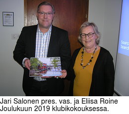 Jari Salonen pres. vas. ja Eliisa Roine Joulukuun 2019 klubikokouksessa.