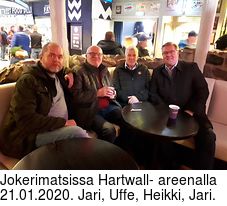 Jokerimatsissa Hartwall- areenalla 21.01.2020. Jari, Uffe, Heikki, Jari.