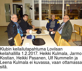Klubin keilailutapahtuma Loviisan keilahallilla 1.2.2017. Heikki Kulmala, Jarmo Kostian, Heikki Pasanen, Ulf Nummelin ja Leena Kulmala ei kuvassa, vaan ottamassa sitä.