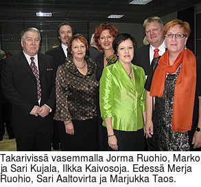 Takariviss vasemmalla Jorma Ruohio, Marko ja Sari Kujala, Ilkka Kaivosoja. Edess Merja Ruohio, Sari Aaltovirta ja Marjukka Taos.
