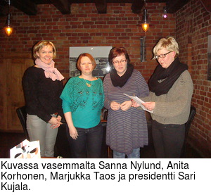 Kuvassa vasemmalta Sanna Nylund, Anita Korhonen, Marjukka Taos ja presidentti Sari Kujala.