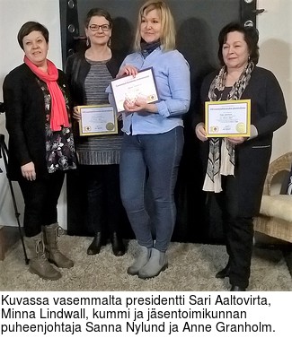 Kuvassa vasemmalta presidentti Sari Aaltovirta, Minna Lindwall, kummi ja jsentoimikunnan puheenjohtaja Sanna Nylund ja Anne Granholm.