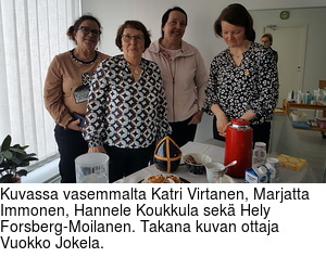 Kuvassa vasemmalta Katri Virtanen, Marjatta Immonen, Hannele Koukkula sek Hely Forsberg-Moilanen. Takana kuvan ottaja Vuokko Jokela.