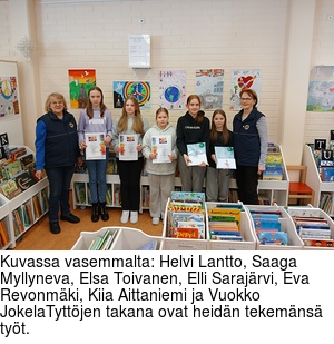 Kuvassa vasemmalta: Helvi Lantto, Saaga Myllyneva, Elsa Toivanen, Elli Sarajrvi, Eva Revonmki, Kiia Aittaniemi ja Vuokko JokelaTyttjen takana ovat heidn tekemns tyt.
