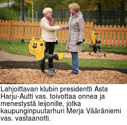 Lahjoittavan klubin presidentti Asta Harju-Autti vas. toivottaa onnea ja menestyst leijonille, jotka kaupunginpuutarhuri Merja Vrniemi vas. vastaanotti.
