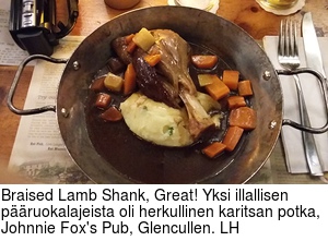 Braised Lamb Shank, Great! Yksi illallisen pruokalajeista oli herkullinen karitsan potka, Johnnie Fox's Pub, Glencullen. LH