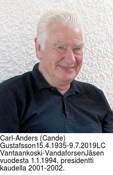 Carl-Anders (Cande) Gustafsson15.4.1935-9.7.2019LC Vantaankoski-VandaforsenJsen vuodesta 1.1.1994, presidentti kaudella 2001-2002.