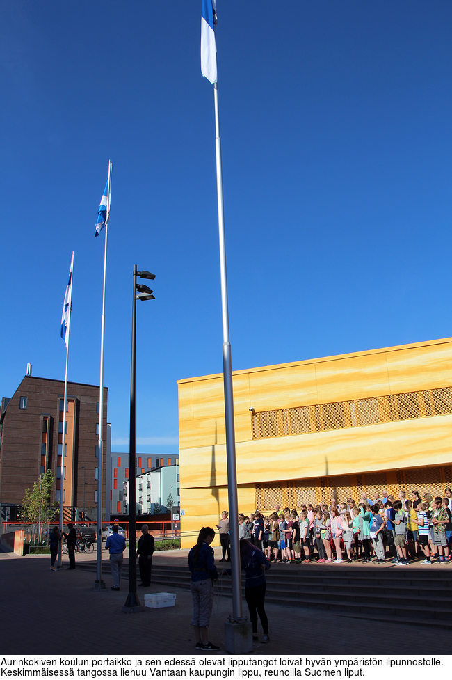 Aurinkokiven koulun portaikko ja sen edess olevat lipputangot loivat hyvn ympristn lipunnostolle. Keskimmisess tangossa liehuu Vantaan kaupungin lippu, reunoilla Suomen liput.
