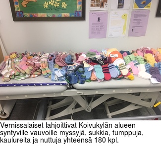 Vernissalaiset lahjoittivat Koivukyln alueen syntyville vauvoille myssyj, sukkia, tumppuja, kaulureita ja nuttuja yhteens 180 kpl.