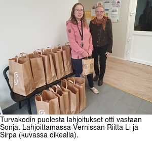 Turvakodin puolesta lahjoitukset otti vastaan Sonja. Lahjoittamassa Vernissan Riitta Li ja Sirpa (kuvassa oikealla).