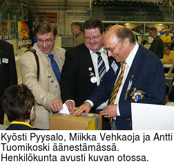 Kysti Pyysalo, Miikka Vehkaoja ja Antti Tuomikoski nestmss. Henkilkunta avusti kuvan otossa.