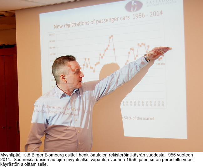 Myyntipllikk Birger Blomberg esitteli henkilautojen rekisterintikyrn vuodesta 1956 vuoteen 2014.  Suomessa uusien autojen myynti alkoi vapautua vuonna 1956, joten se on perusteltu vuosi kyrstn aloittamiselle.