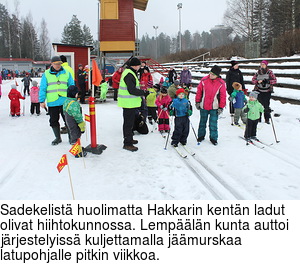 Sadekelist huolimatta Hakkarin kentn ladut olivat hiihtokunnossa. Lempln kunta auttoi jrjestelyiss kuljettamalla jmurskaa latupohjalle pitkin viikkoa.