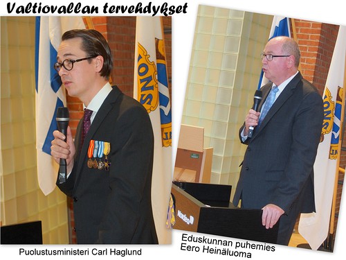 Valtiovallan tervehdyksen toivat puolustusministeri Carl Haglund ja eduskunnan puhemies Eero Heinluoma.
