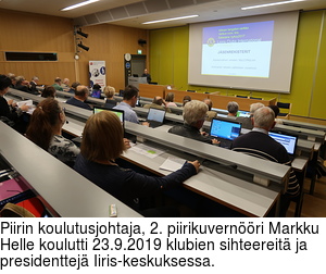 Piirin koulutusjohtaja, 2. piirikuvernri Markku Helle koulutti 23.9.2019 klubien sihteereit ja presidenttej Iiris-keskuksessa.