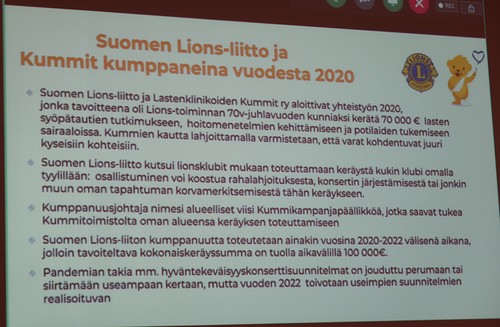 Suomen Lions-liitto  on aloittanut yhteistyn Lastenklinikoiden kummien kanssa vuonna 2020.