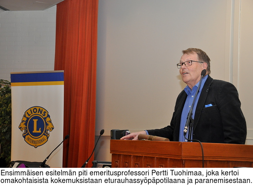 Ensimmisen esitelmn piti emeritusprofessori Pertti Tuohimaa, joka kertoi omakohtaisista kokemuksistaan eturauhassyppotilaana ja paranemisestaan.