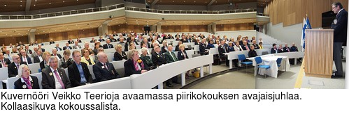 Kuvernri Veikko Teerioja avaamassa piirikokouksen avajaisjuhlaa.  Kollaasikuva kokoussalista.